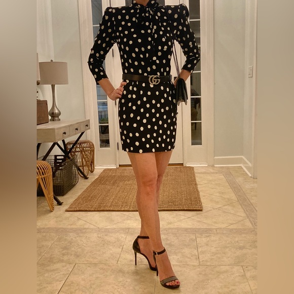 Saint Laurent Tie Neck Black & White Polka Dot Mini Dress - Picture 2 of 10